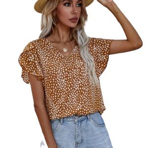 Shein Orange Leopard Print Petal Sleeve V-Neck Short Sleeve Top Blouse NWOT